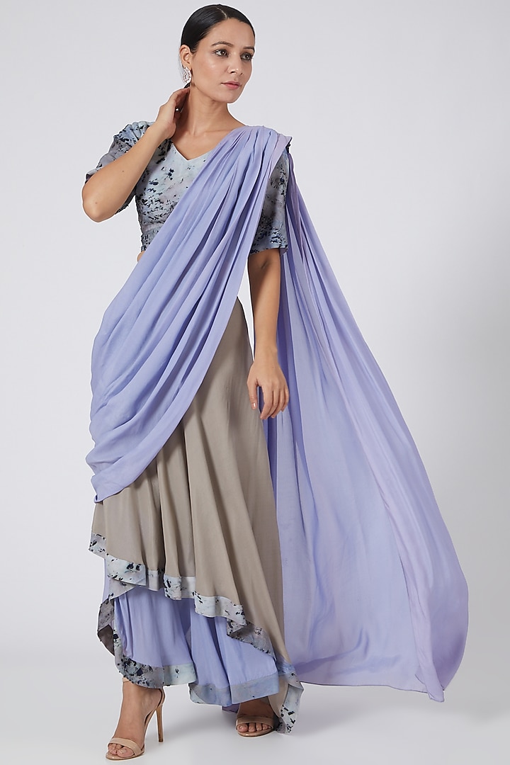 Mauve & Grey Silk Crepe Layered Saree Set by Garima Bindal