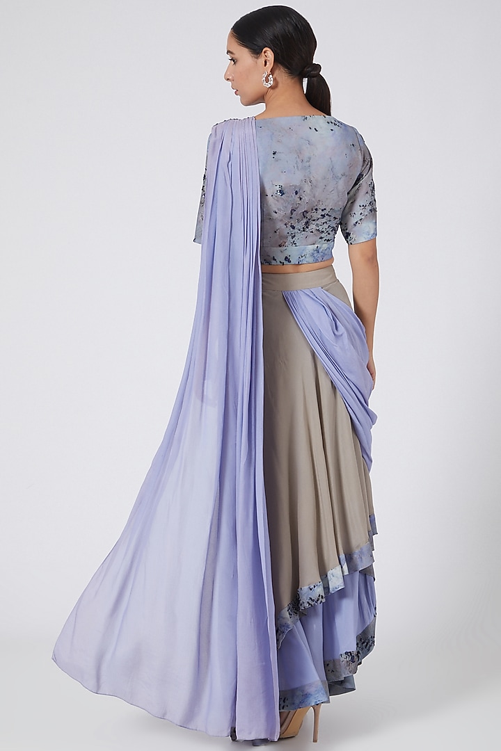 Mauve & Grey Silk Crepe Layered Party Wear Saree Set by Garima Bindal at Pernia's Pop Up Shop