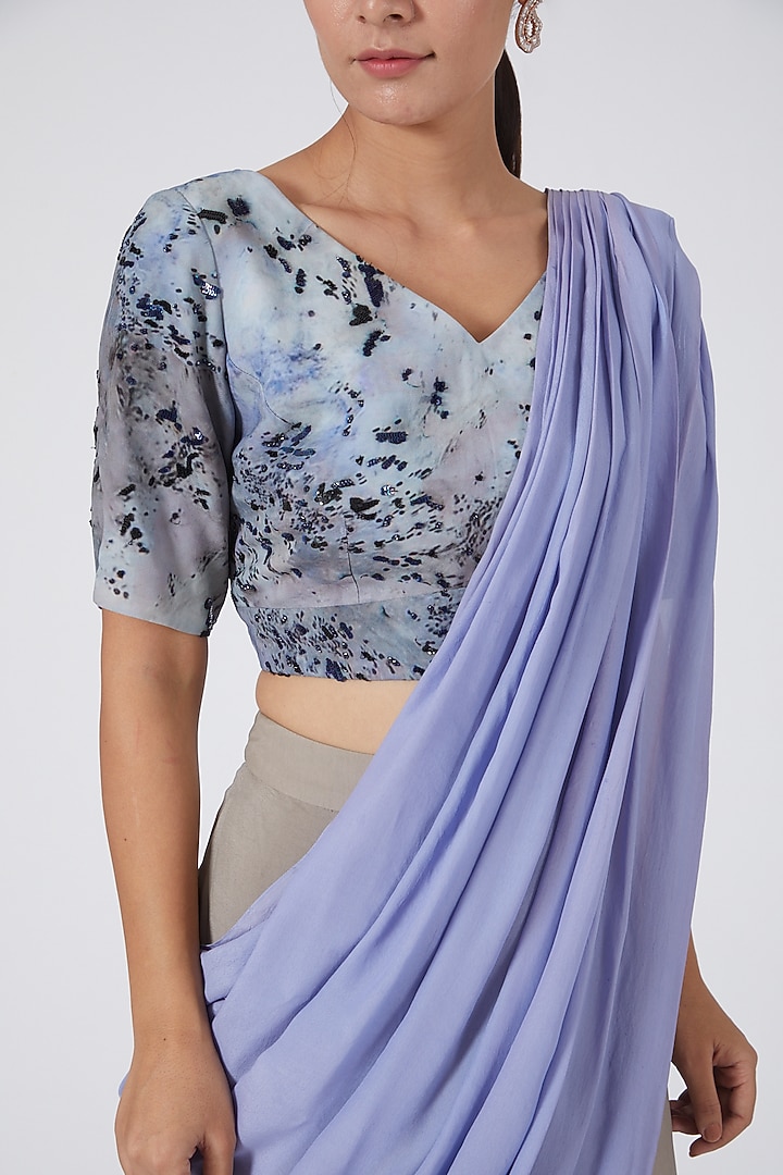 Mauve & Grey Silk Crepe Layered Party Wear Saree Set by Garima Bindal at Pernia's Pop Up Shop