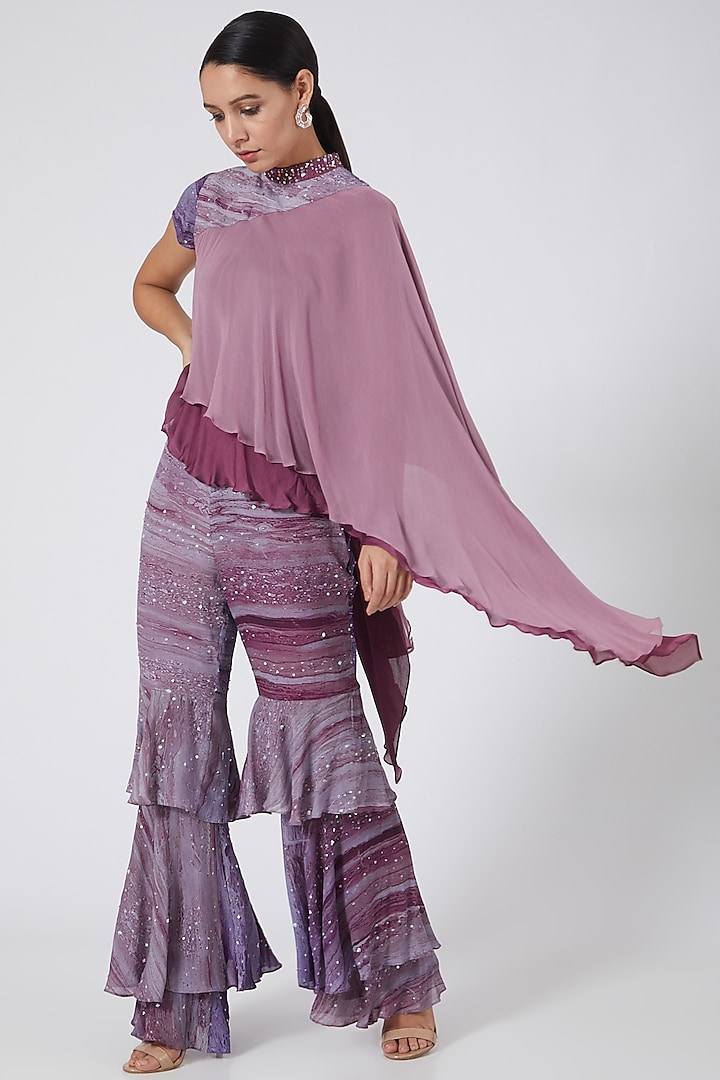 Purple Pure Silk Crepe Digital Printed Three-Tiered Gharara Set by Garima Bindal