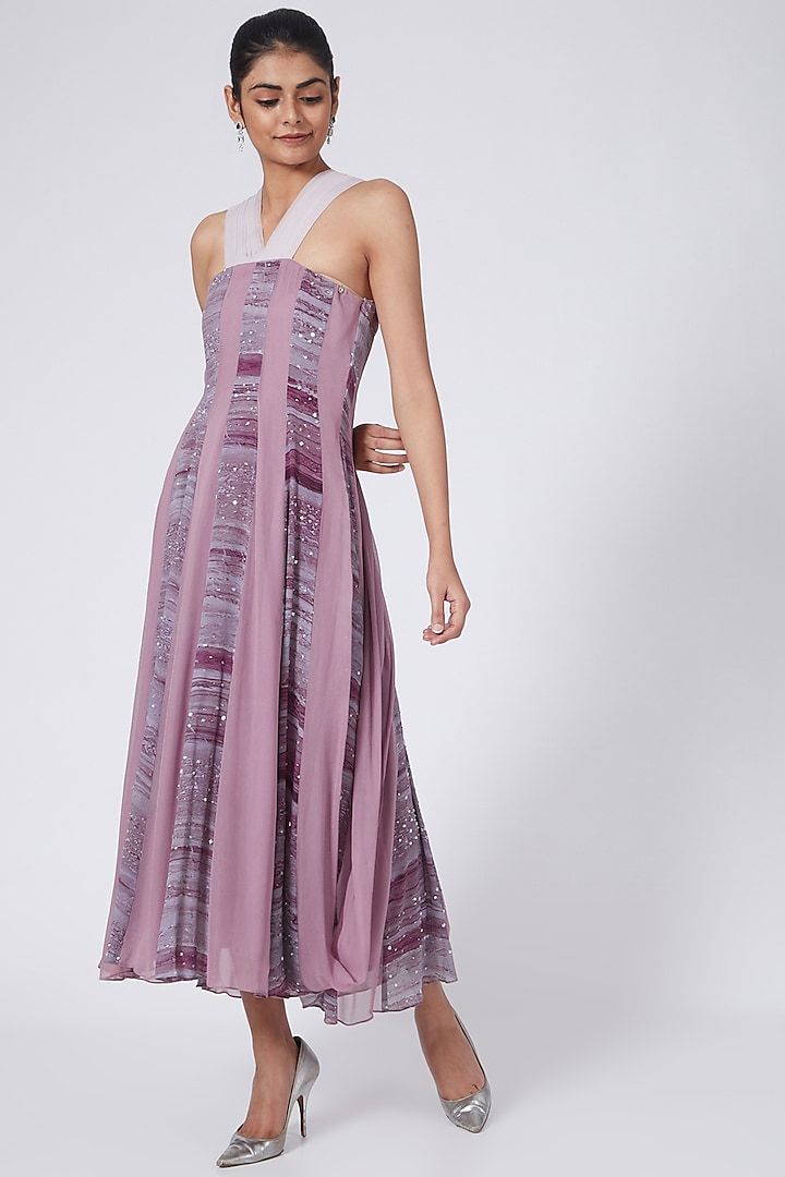 Purple Printed Paneled Maxi Dress by Garima Bindal