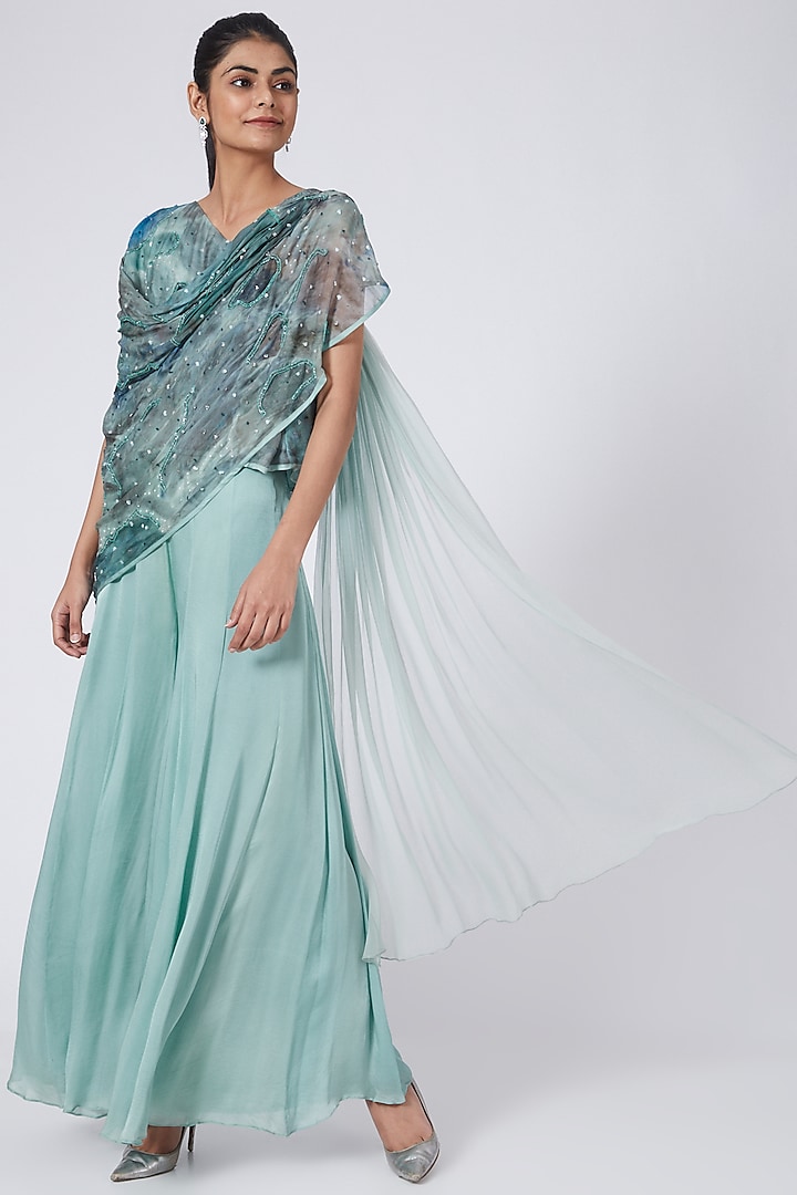 Mint Green Silk Crepe Sharara Set by Garima Bindal