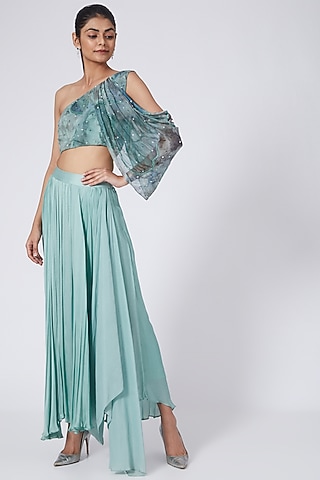 Mint Green Silk Crepe Dhoti Pant Set by Garima Bindal