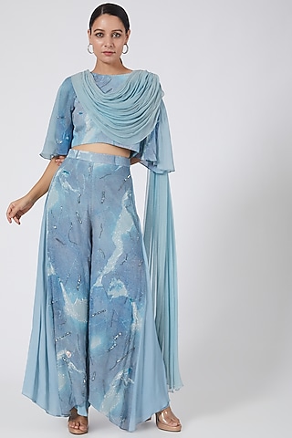 Sky Blue & Silver Digital Printed Palazzo Pant Set by Garima Bindal