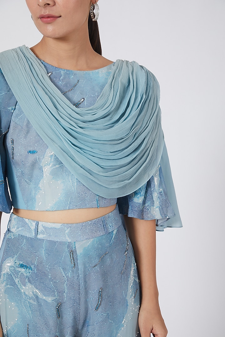 Sky Blue & Silver Digital Printed Palazzo Pant Set by Garima Bindal at Pernia's Pop Up Shop