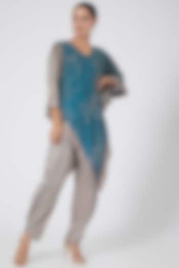 Turquoise Silk Satin Dhoti Pant Set by Garima Bindal