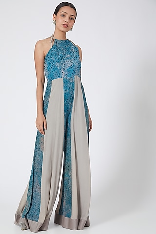Turquoise Digital Printed Jumpsuit by Garima Bindal