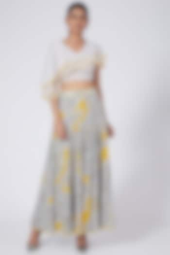 Yellow & Silver Hand Embroidered Skirt Set by Garima Bindal