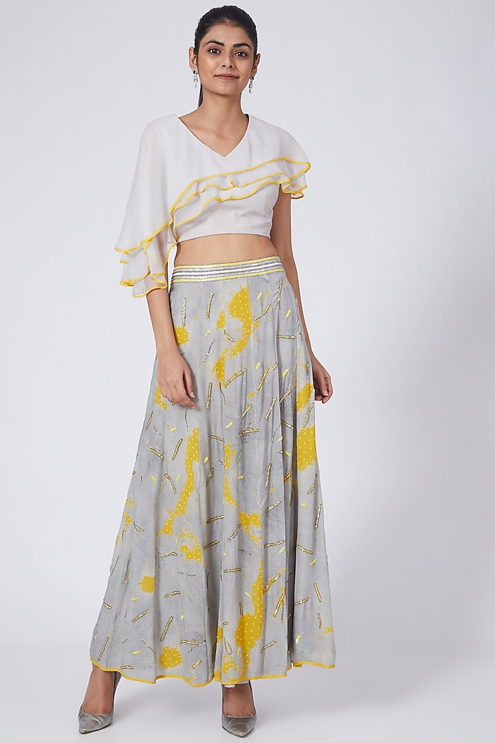 Yellow & Silver Hand Embroidered Skirt Set by Garima Bindal
