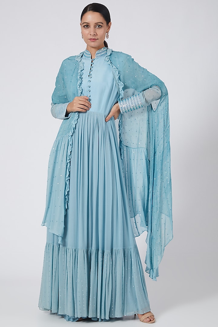 Sky Blue Tiered Anarkali With Ruffled Cape by Garima Bindal
