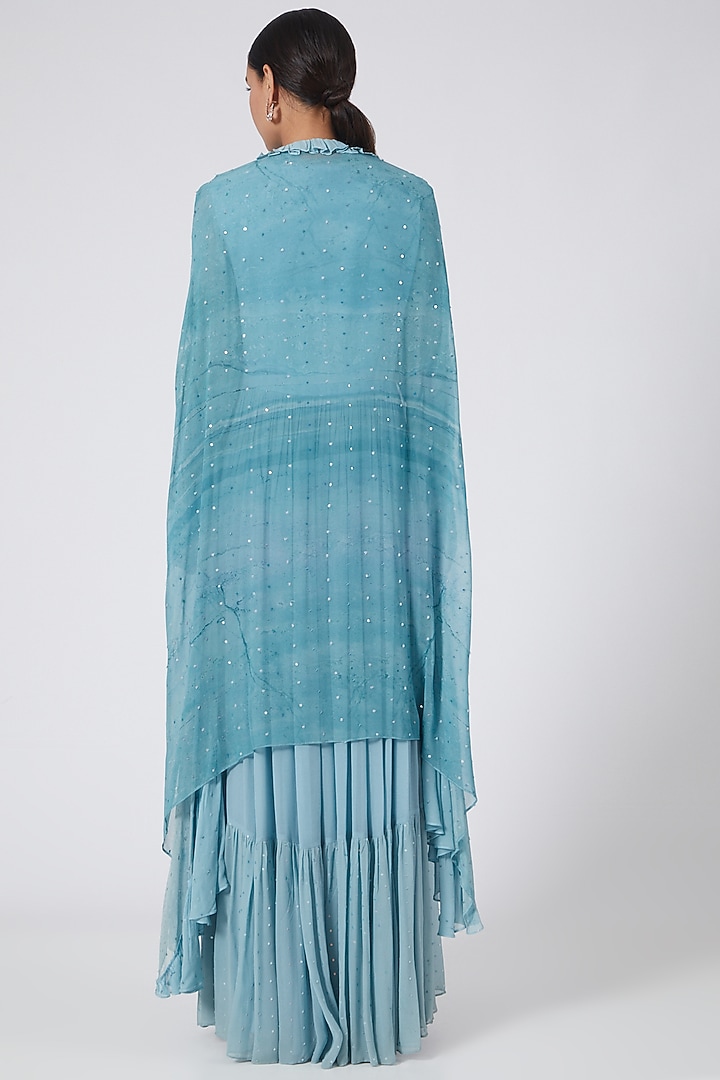 Sky Blue Tiered Party Wear Anarkali With Ruffled Cape by Garima Bindal at Pernia's Pop Up Shop