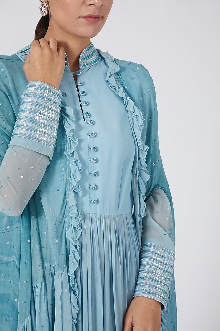 Sky Blue Tiered Party Wear Anarkali With Ruffled Cape by Garima Bindal at Pernia's Pop Up Shop