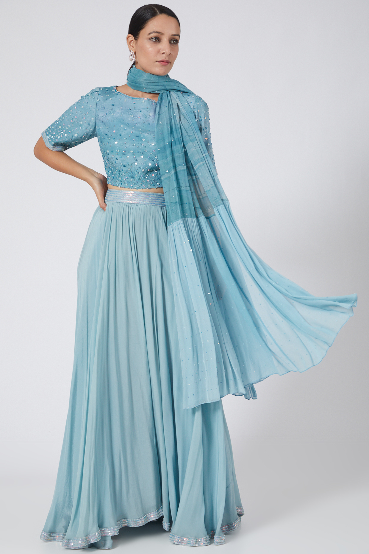 Sky Blue Hand Embroidered Lehenga Set by Garima Bindal