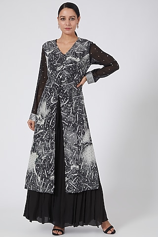 Black Pure Silk Crepe Sharara Set by Garima Bindal