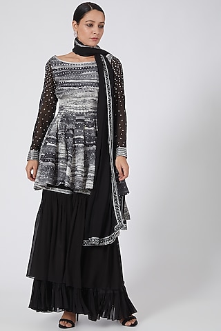 Black & Silver Pure Silk Crepe Sharara Set by Garima Bindal