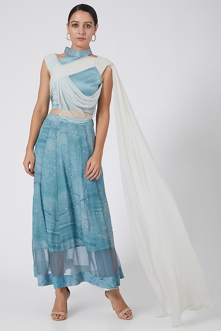 Sky Blue Printed Skirt Set by Garima Bindal