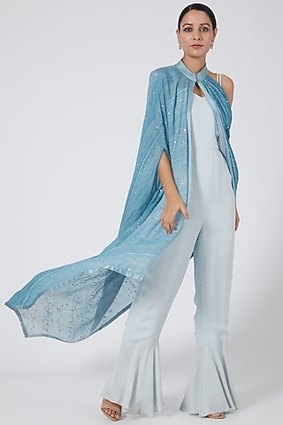 Sky Blue Digital Printed Cape Set by Garima Bindal