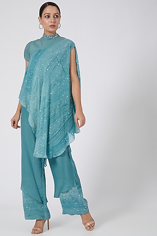 Sky Blue Printed Cape Set by Garima Bindal
