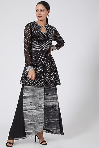 Black & Silver Printed Paneled Sharara Set by Garima Bindal