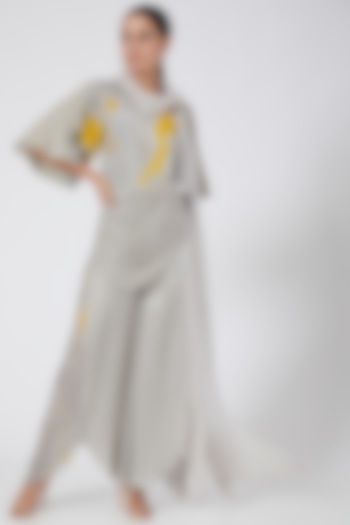 Silver & Yellow Printed Draped Jumpsuit by Garima Bindal