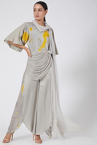 Silver & Yellow Printed Draped Jumpsuit by Garima Bindal