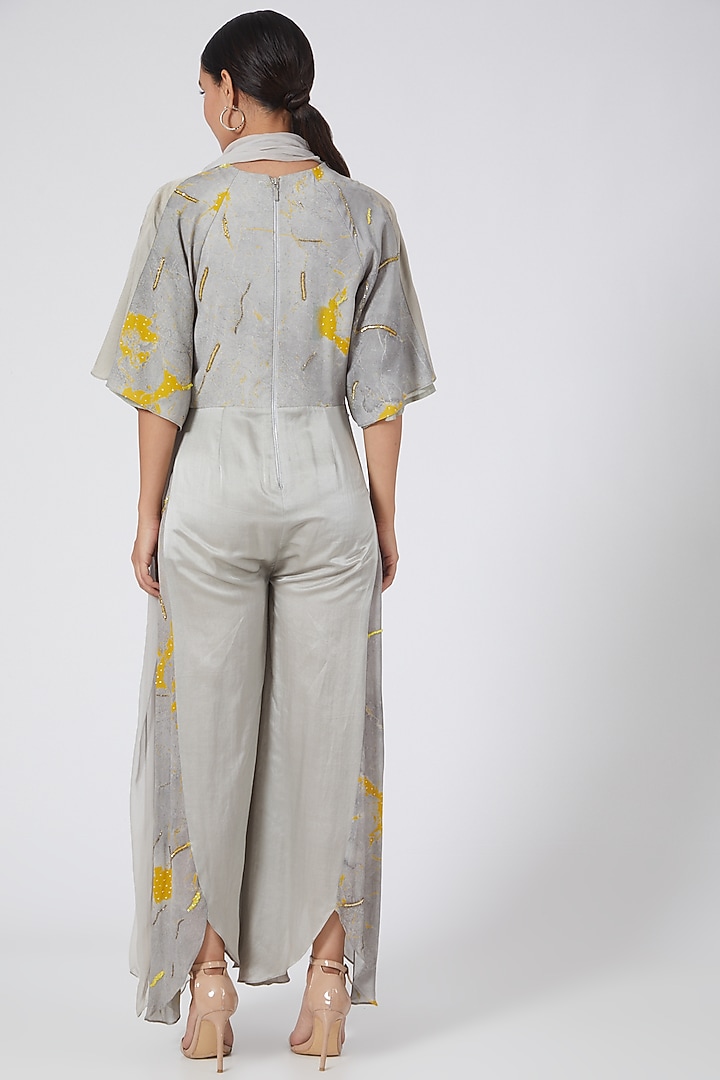 Silver & Yellow Printed Draped Jumpsuit by Garima Bindal at Pernia's Pop Up Shop
