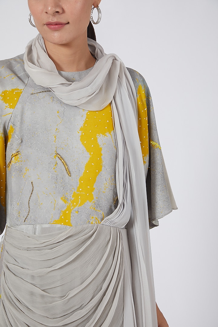 Silver & Yellow Printed Draped Jumpsuit by Garima Bindal at Pernia's Pop Up Shop