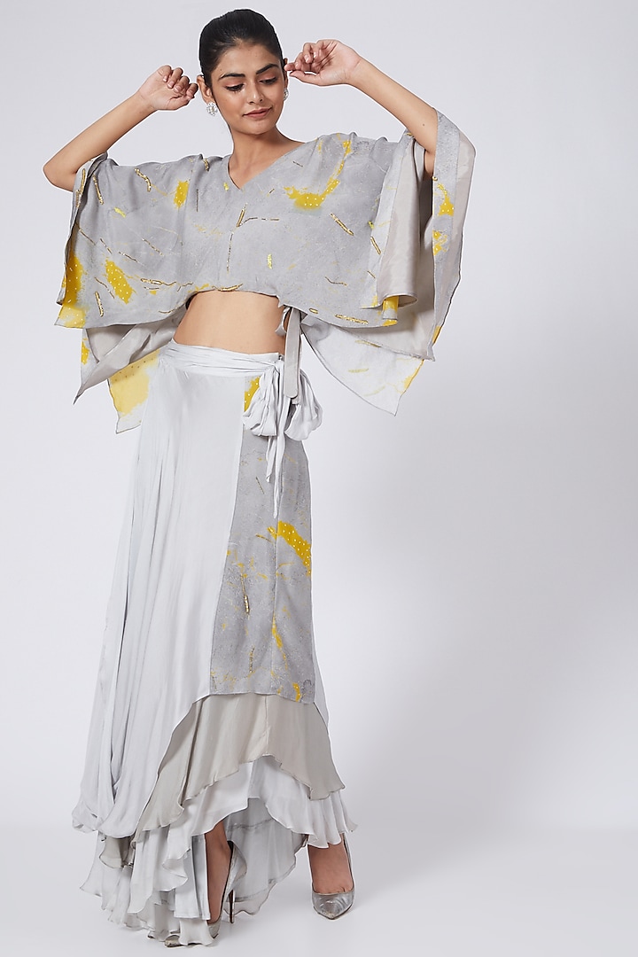 Grey & Yellow Printed Skirt Set by Garima Bindal
