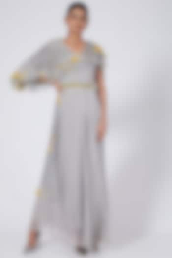 Grey & Yellow Printed Draped Gown by Garima Bindal