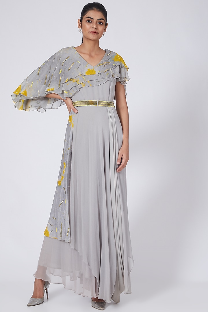 Grey & Yellow Printed Draped Gown by Garima Bindal at Pernia's Pop Up Shop