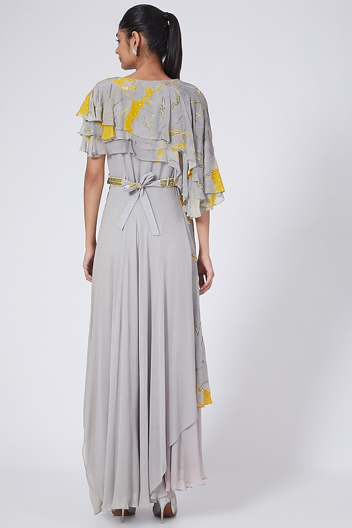 Grey & Yellow Printed Draped Gown by Garima Bindal at Pernia's Pop Up Shop