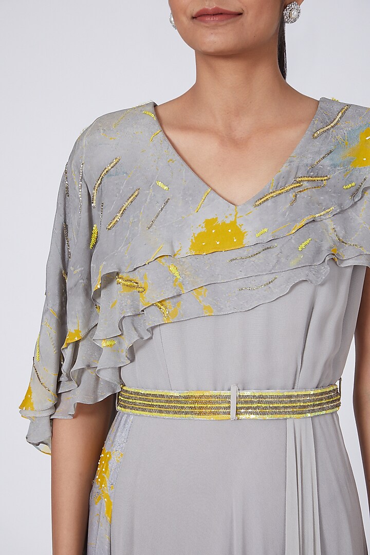 Grey & Yellow Printed Draped Gown by Garima Bindal at Pernia's Pop Up Shop