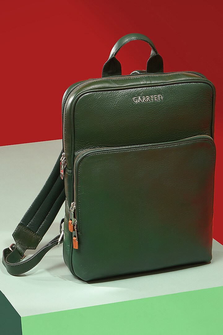 Racing Green Leather Backpack by GARRTEN at Pernia's Pop Up Shop