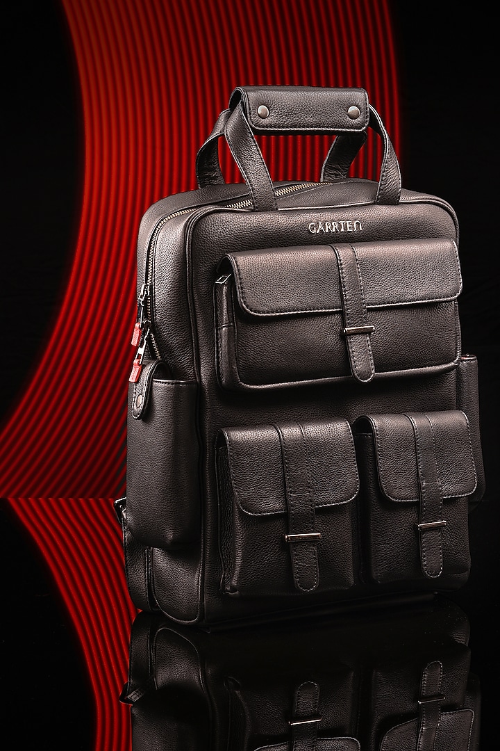 Carbon Black Leather Travel Backpack by GARRTEN at Pernia's Pop Up Shop