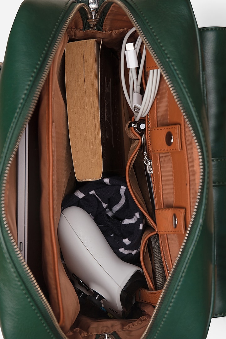 Racing Green Leather Travel Backpack by GARRTEN at Pernia's Pop Up Shop