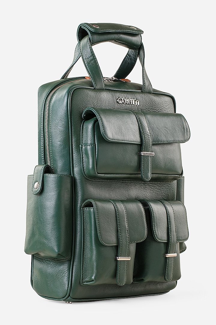 Racing Green Leather Travel Backpack by GARRTEN at Pernia's Pop Up Shop