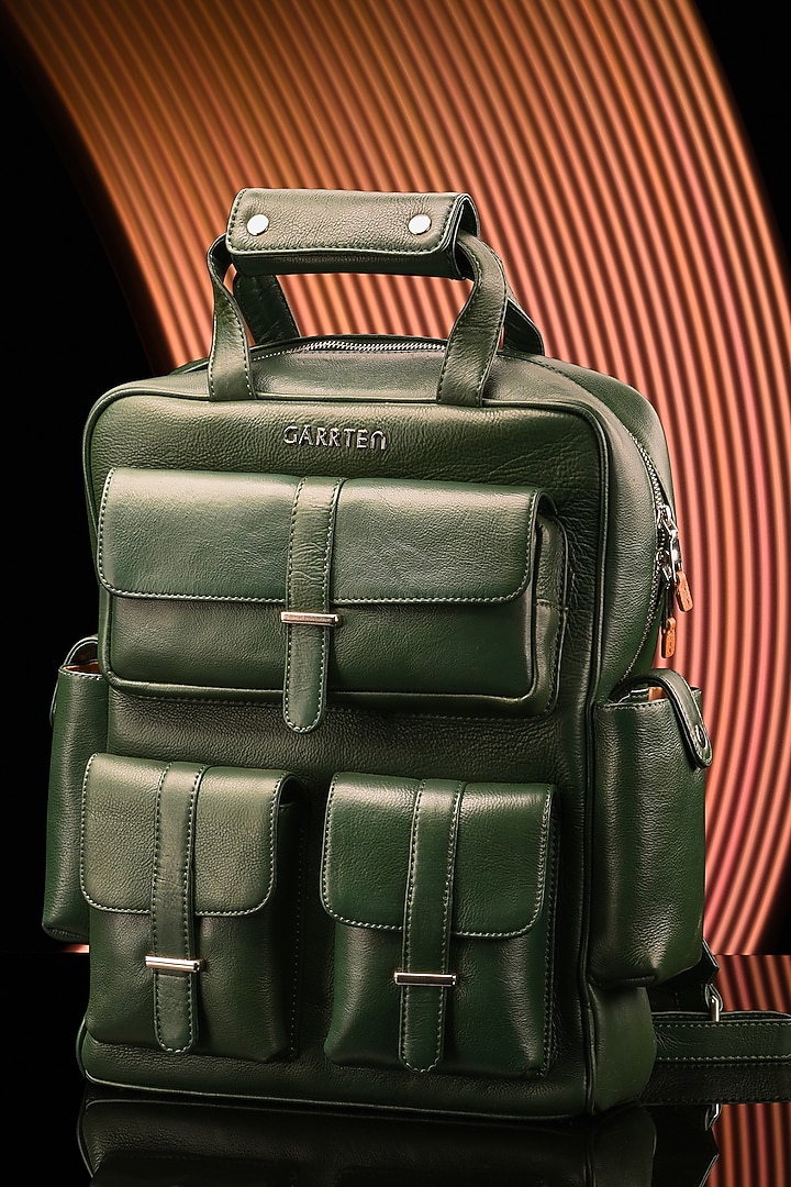 Racing Green Leather Travel Backpack by GARRTEN at Pernia's Pop Up Shop