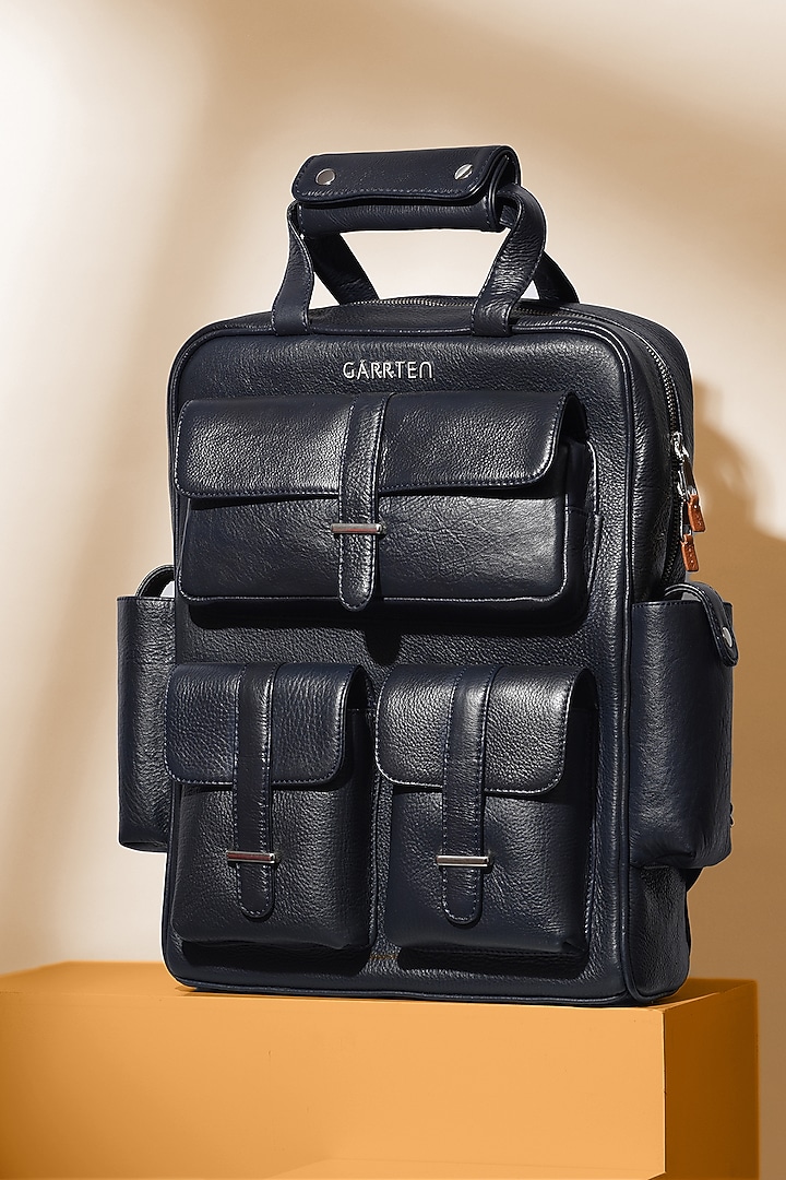 Midnight Blue Leather Travel Backpack by GARRTEN at Pernia's Pop Up Shop