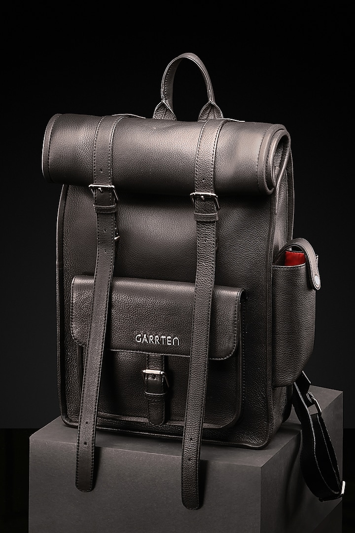 Carbon Black Leather Rolltop Backpack by GARRTEN at Pernia's Pop Up Shop