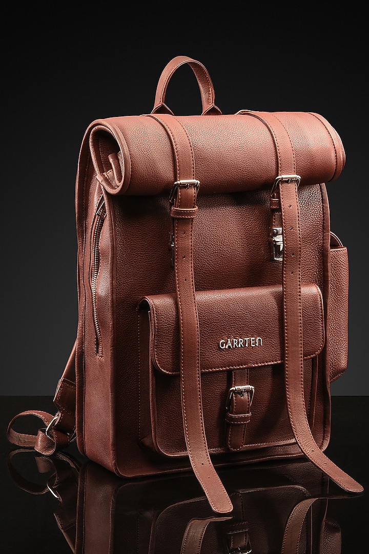 Mahogany Brown Leather Rolltop Backpack by GARRTEN at Pernia's Pop Up Shop