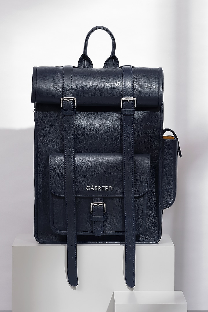 Midnight Blue Leather Rolltop Backpack by GARRTEN