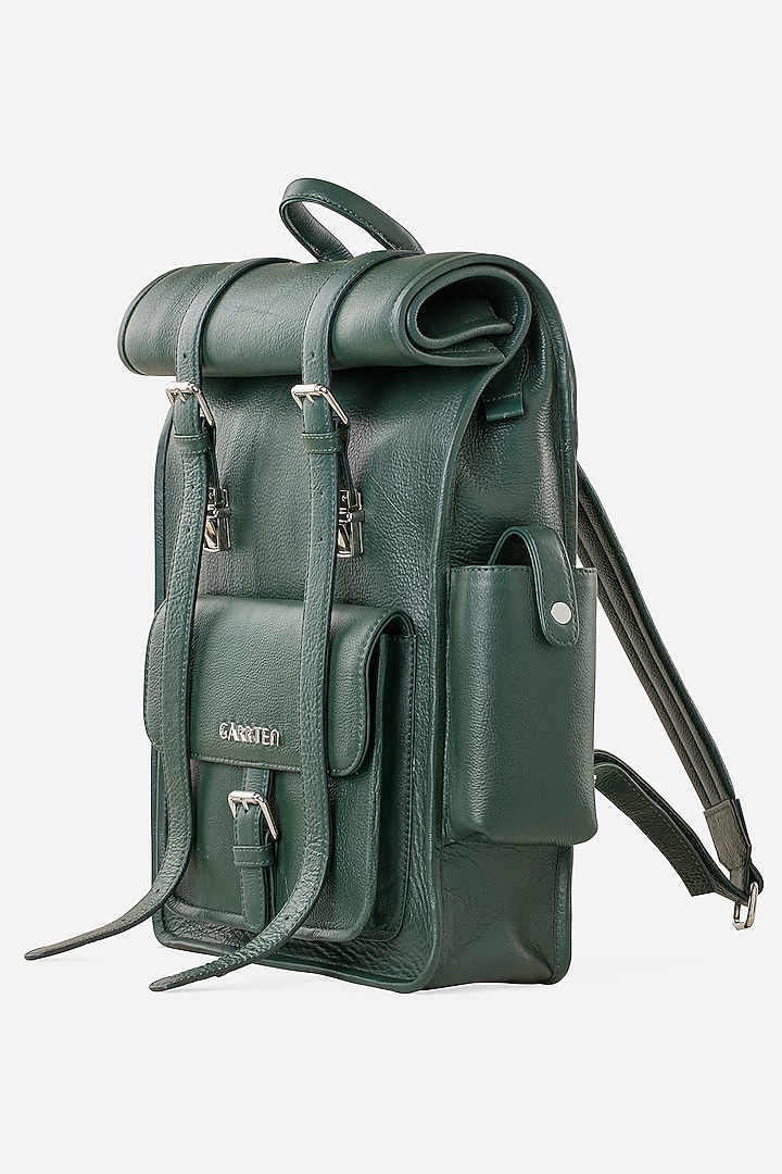 Racing Green Leather Rolltop Backpack by GARRTEN at Pernia's Pop Up Shop