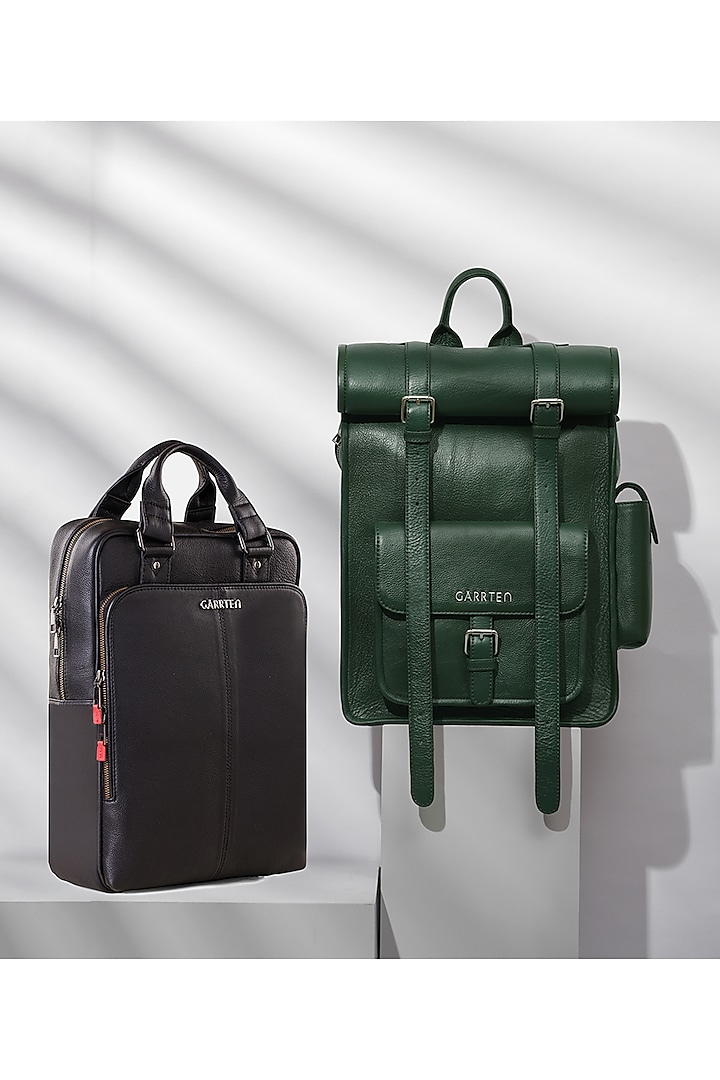 Carbon Black & Racing Green Leather Backpacks (Set of 2) by GARRTEN