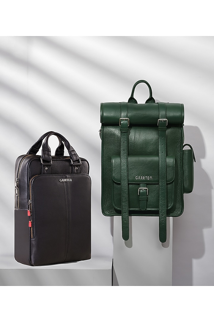 Carbon Black & Racing Green Leather Backpacks (Set of 2) by GARRTEN at Pernia's Pop Up Shop