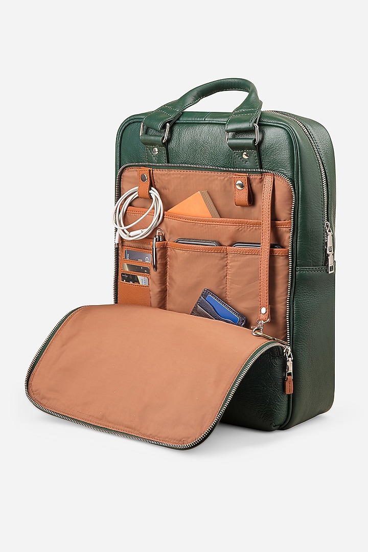 Racing Green & Midnight Blue Leather Backpacks (Set of 2) by GARRTEN at Pernia's Pop Up Shop