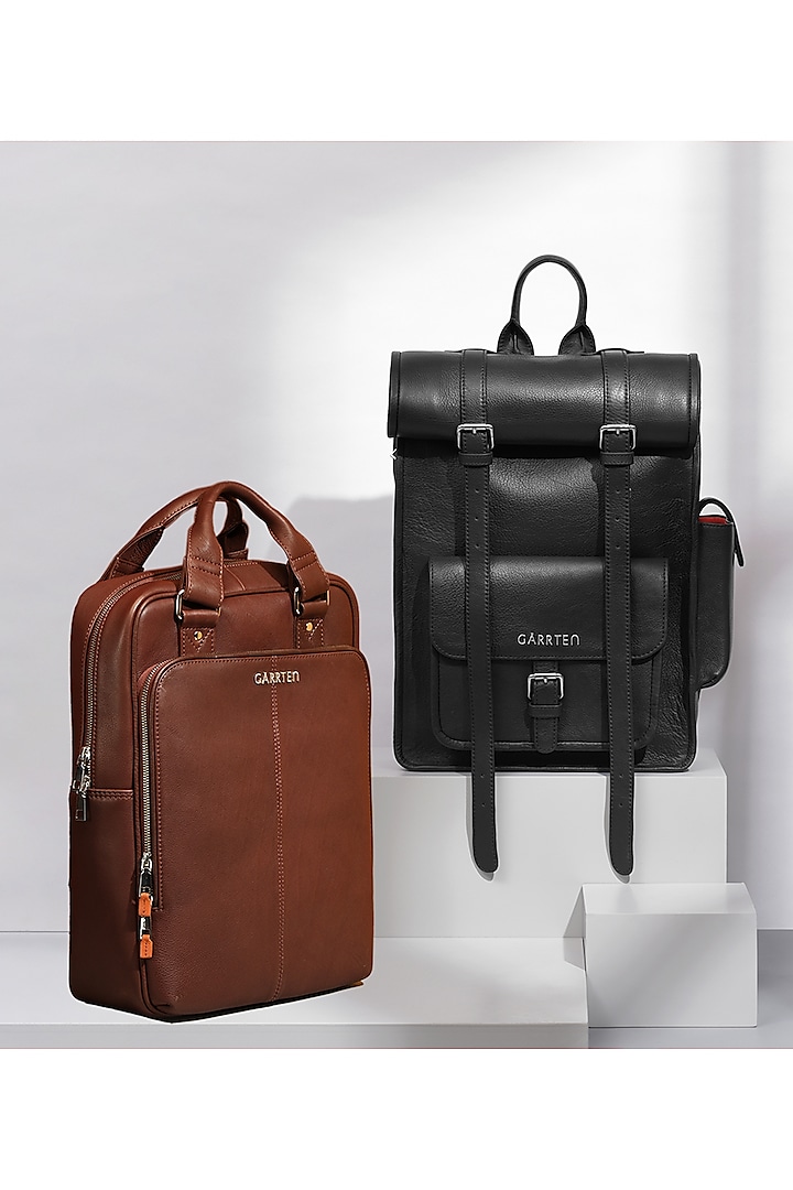 Carbon Black & Mahogany Brown Leather Backpacks (Set of 2) by GARRTEN
