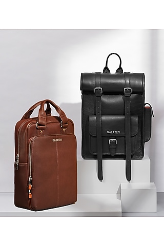 Carbon Black & Mahogany Brown Leather Backpacks (Set of 2) by GARRTEN