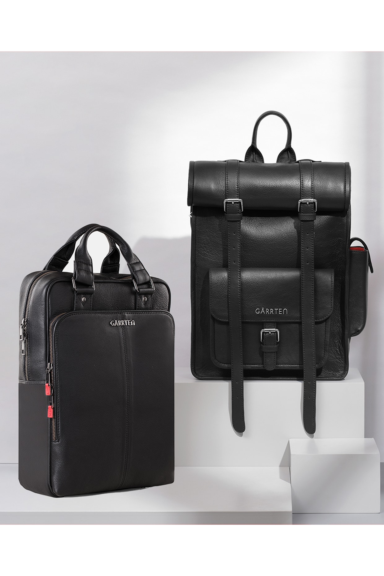 Carbon Black & Carbon Black Leather Backpacks (Set of 2) by GARRTEN at