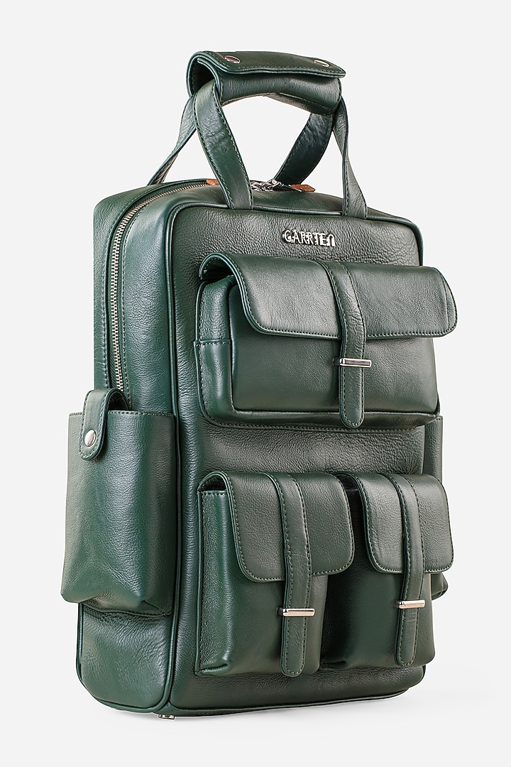 Carbon Black & Racing Green Leather Backpacks (Set of 2) by GARRTEN at Pernia's Pop Up Shop
