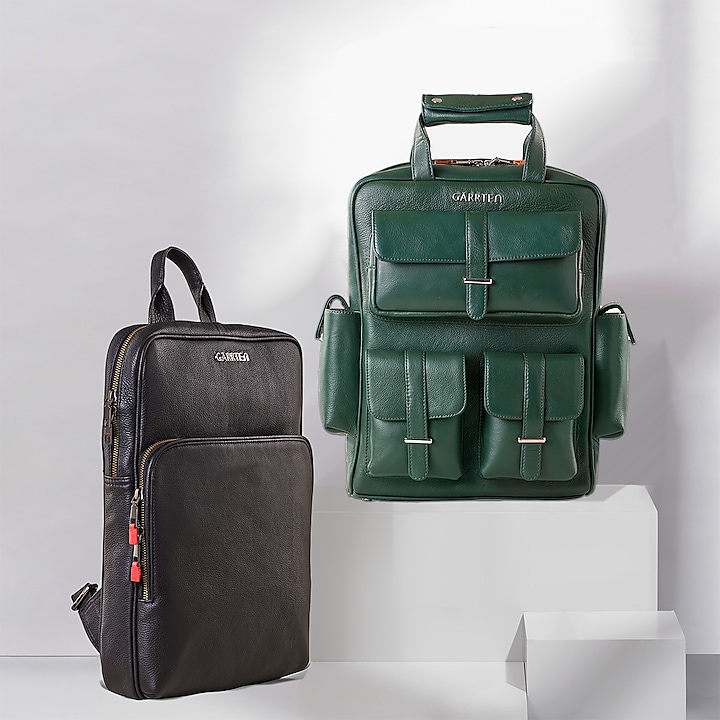 Carbon Black & Racing Green Leather Backpacks (Set of 2) by GARRTEN at Pernia's Pop Up Shop